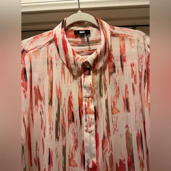 DKNY Women’s Sheer Abstract Chiffon Red and White Patterned Shirt Size L - Picture 3 of 9